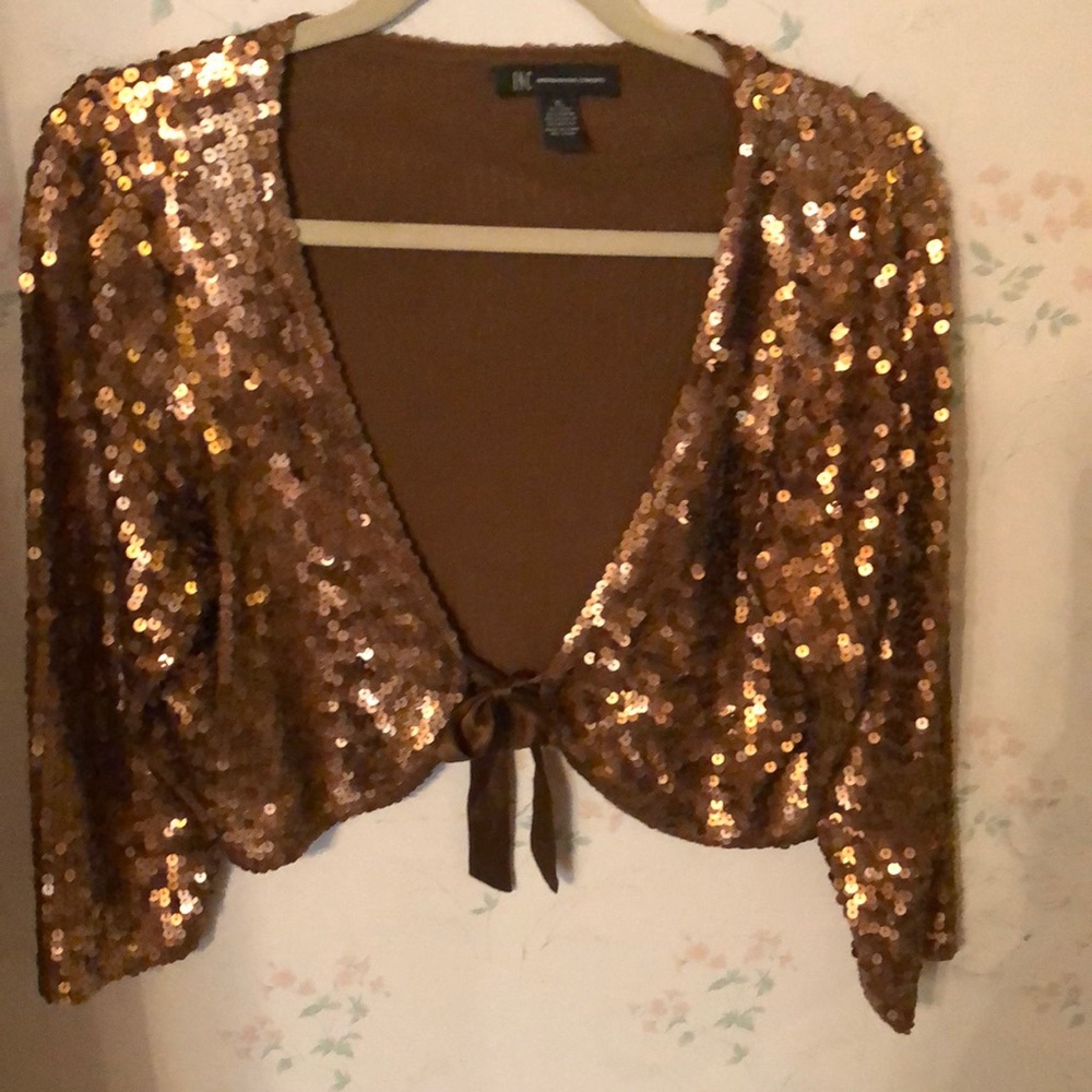 BCBG Sequin Cropped Tie-Front Jacket in Rose Gold